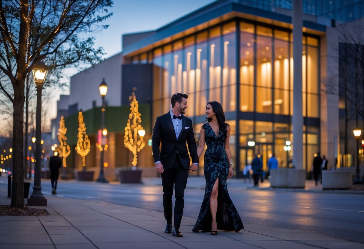 A couple walking hand in hand outside the Overture Center for the Arts in Madison during early evening.