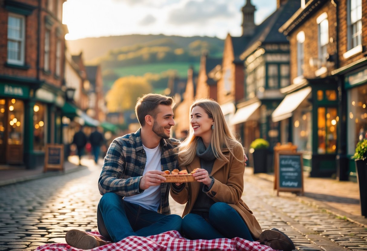 A young couple enjoying a romantic outdoor date in a scenic Midlands location with green hills and historic buildings.