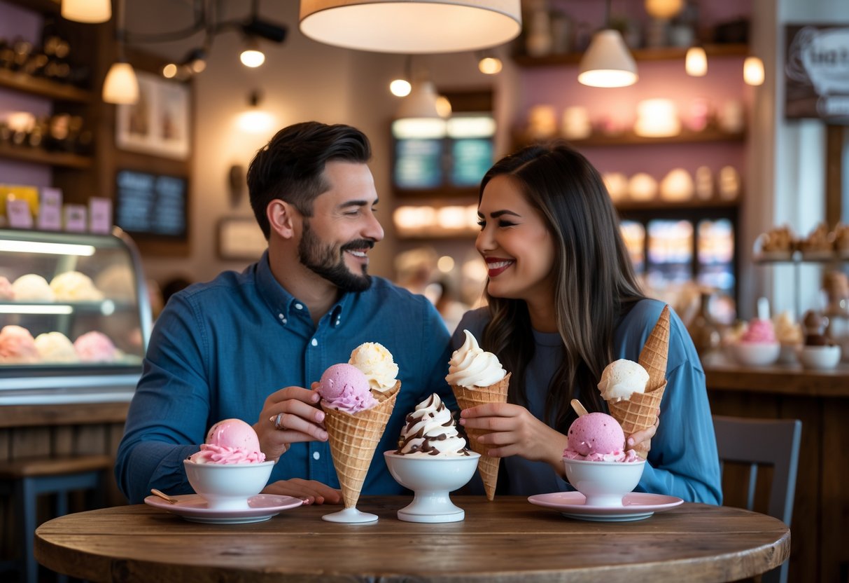 A couple enjoying ice cream desserts together inside a cozy ice cream shop.