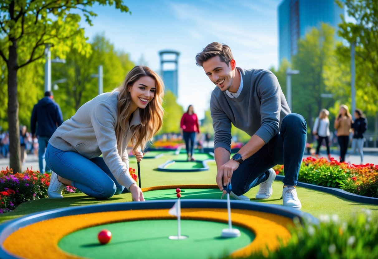 A young couple playing mini golf together outdoors in a park surrounded by trees and flowers.
