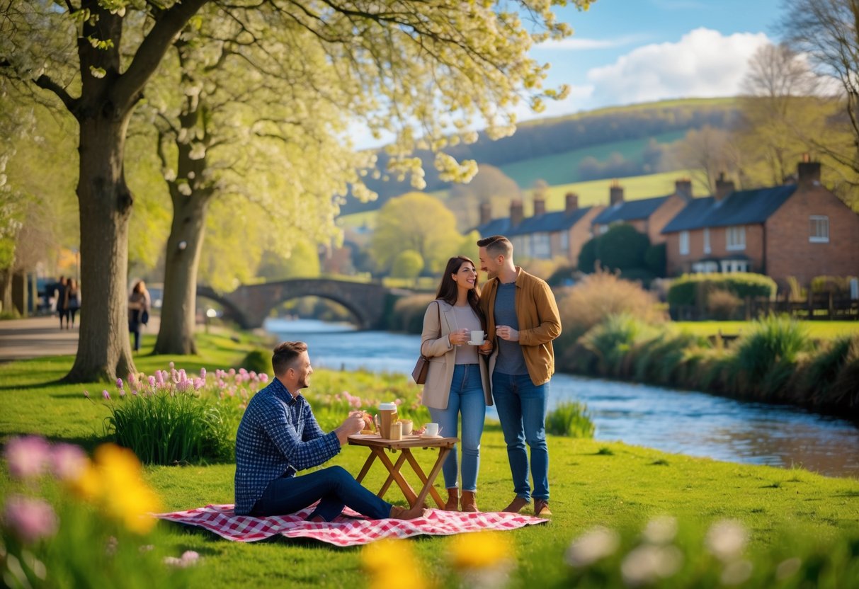 A couple enjoying a romantic outdoor date in a park with trees, flowers, and a river in the Midlands.