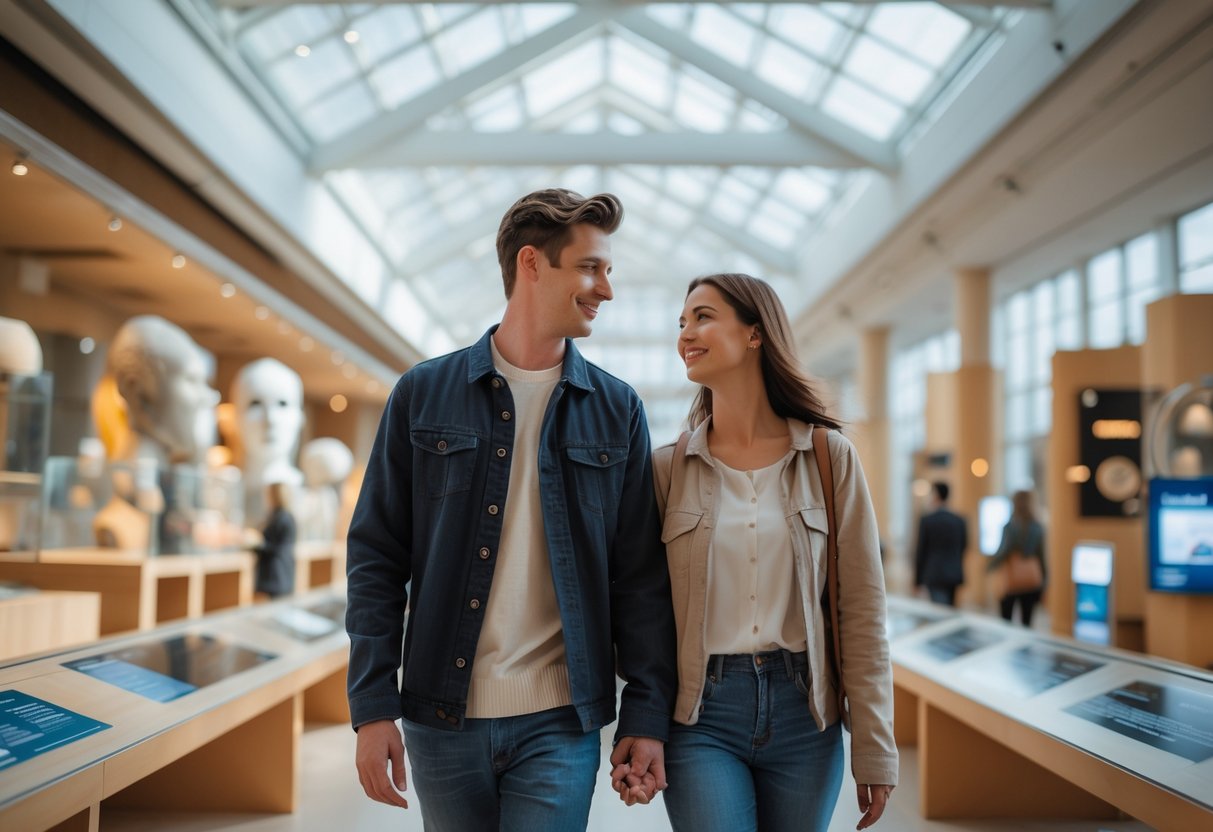 A young couple walking together inside a museum, looking at scientific exhibits and smiling.