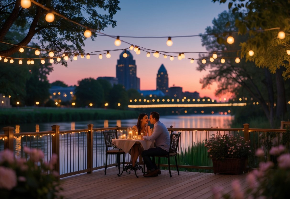 A couple sharing a romantic evening at a candlelit table on a wooden deck by the water with city lights and trees in the background.