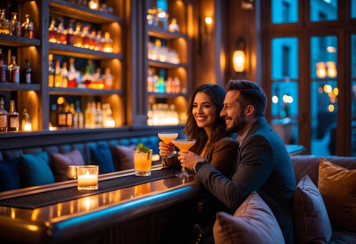 A couple enjoying drinks together at a cozy cocktail bar with warm lighting and a stylish interior.