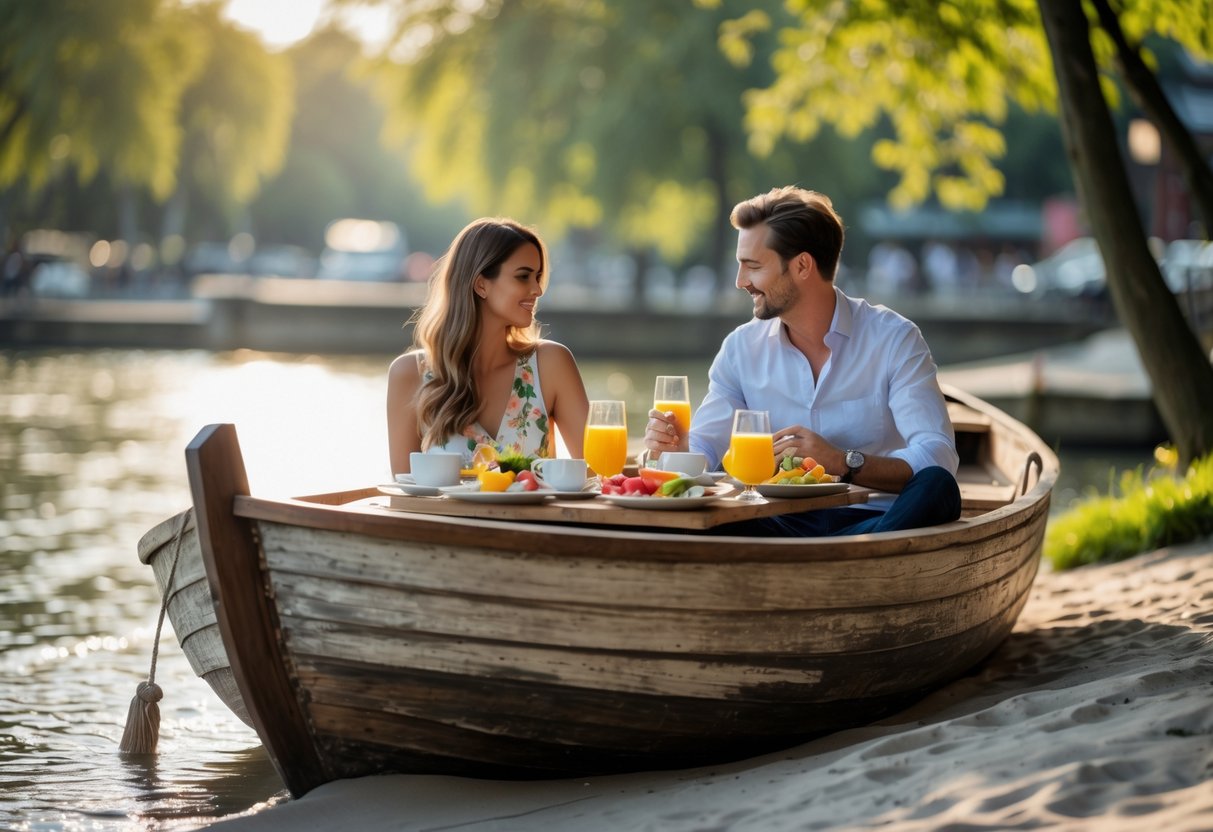 A couple enjoying brunch together aboard a beached wooden boat surrounded by trees at an outdoor bar in Munich.