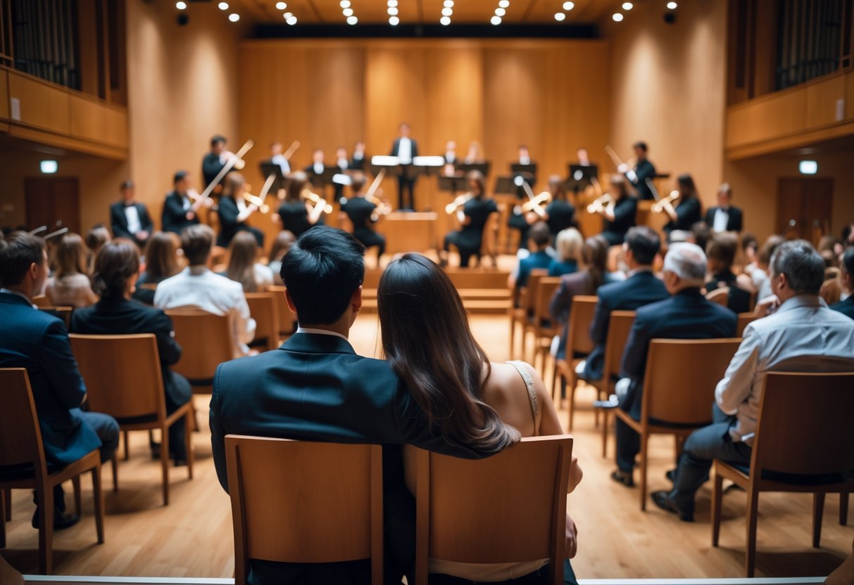 A couple seated inside a concert hall watching musicians perform on stage at the Gasteig in Munich.