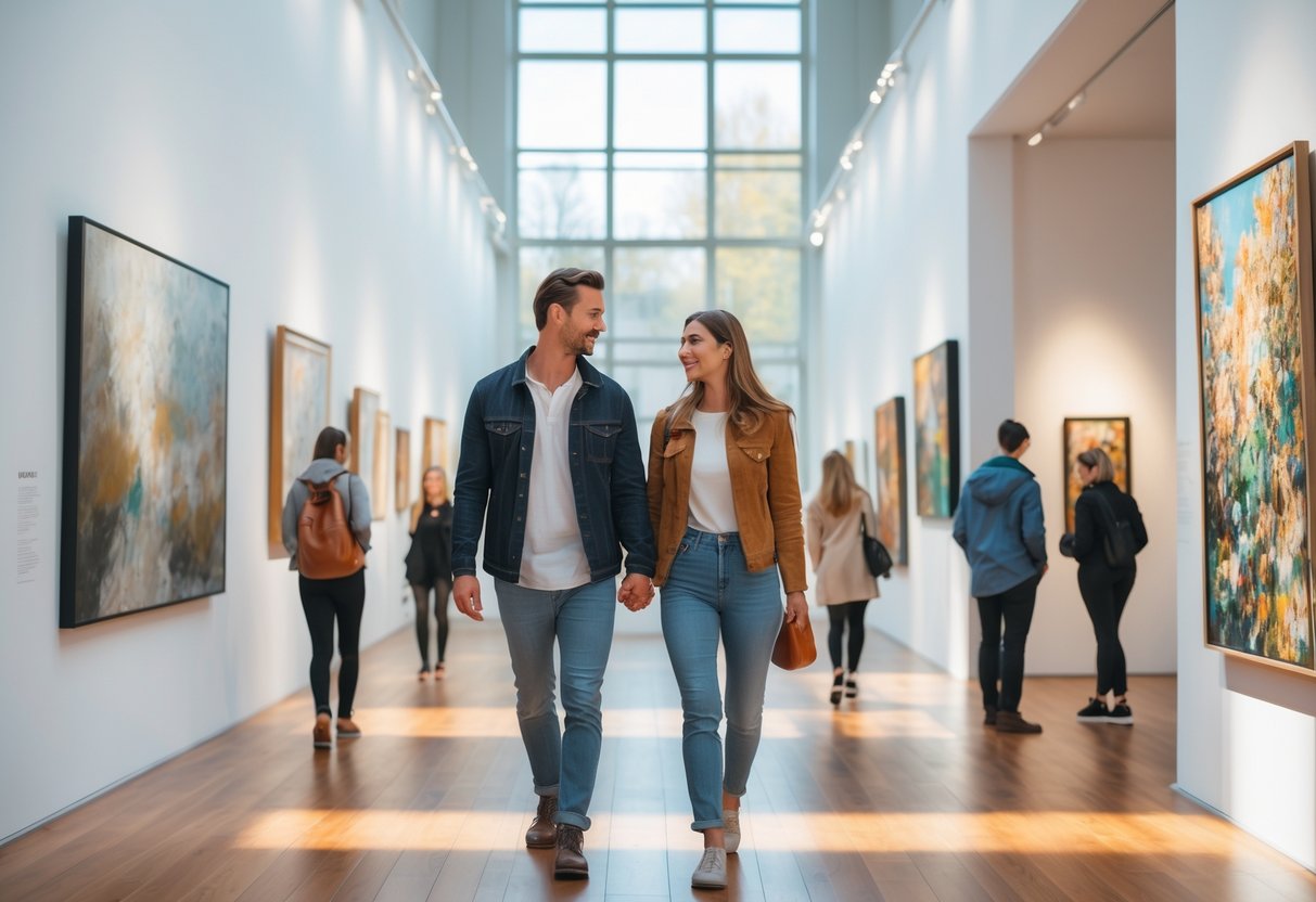 A young couple walking hand in hand inside an art gallery, looking at paintings and sculptures.