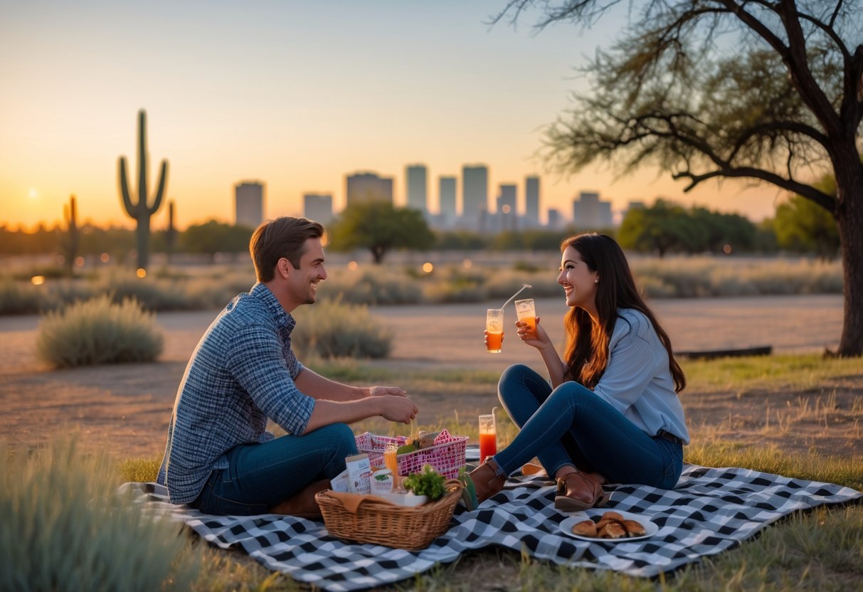 A young couple enjoying a picnic at sunset in a park near Midland, Texas, with city skyline and desert plants in the background.