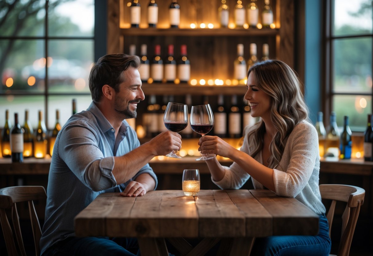 A couple enjoying a wine tasting together at a cozy tasting room with wine bottles in the background.