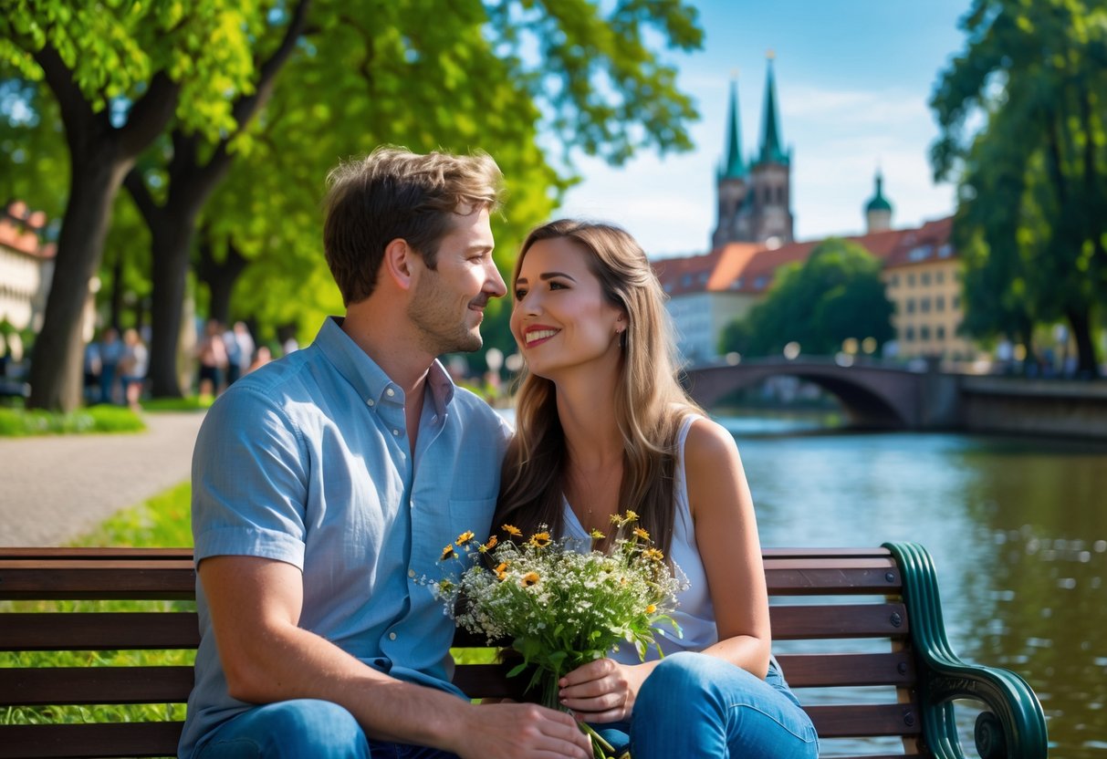 A young couple sitting on a bench by a river in a green park in Munich, smiling and enjoying a sunny day with city buildings in the background.