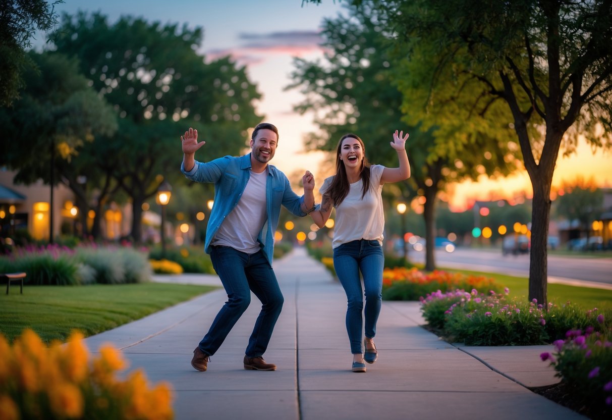 A smiling couple outdoors in a park doing playful exaggerated walks during a scavenger hunt at sunset.