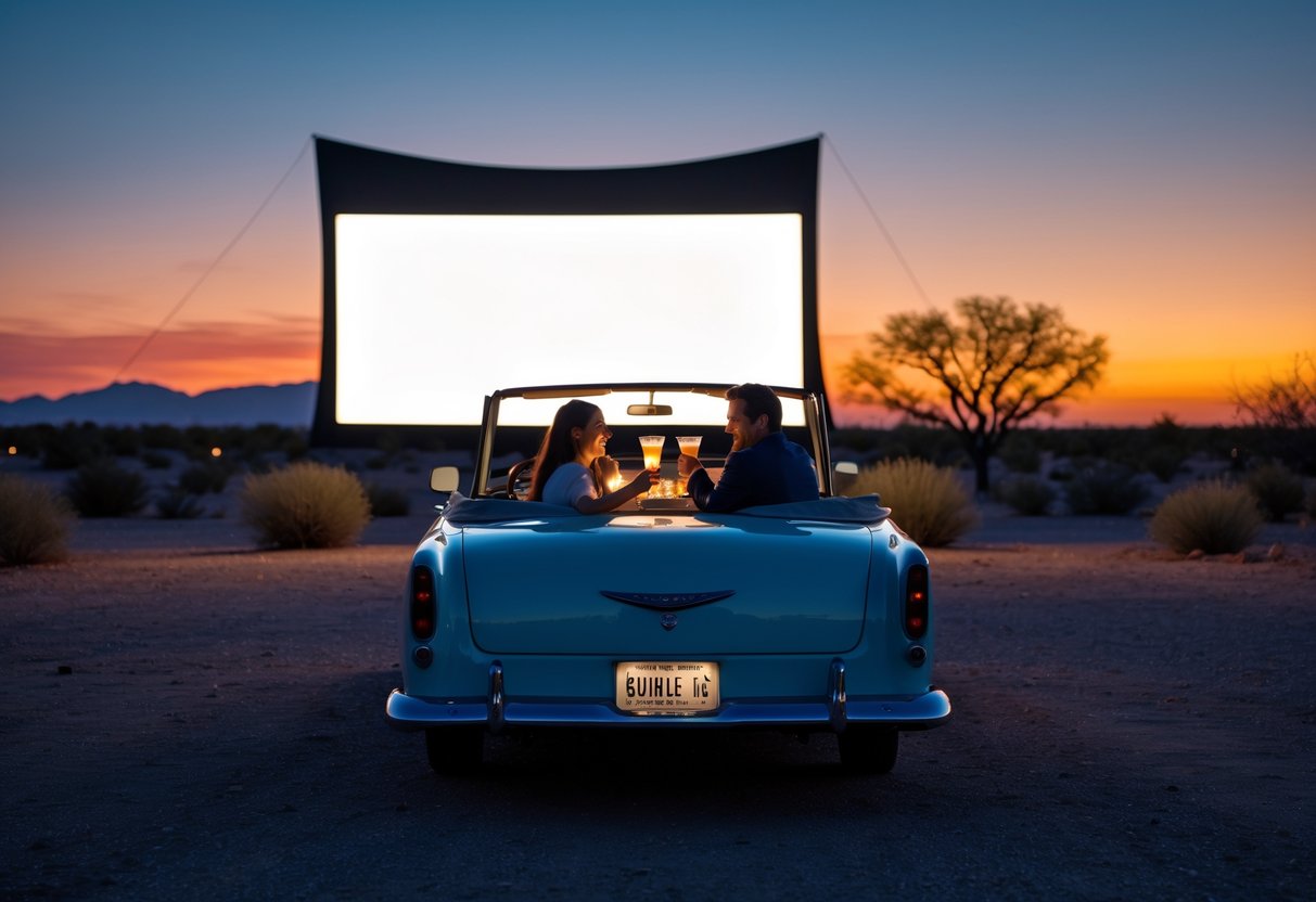 A couple enjoying a movie together inside a car at an outdoor drive-in theatre at sunset.