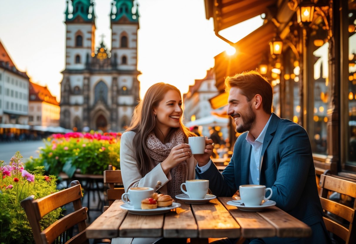 A young couple sitting at an outdoor café table near a cathedral, enjoying coffee and pastries in a sunny Munich setting.