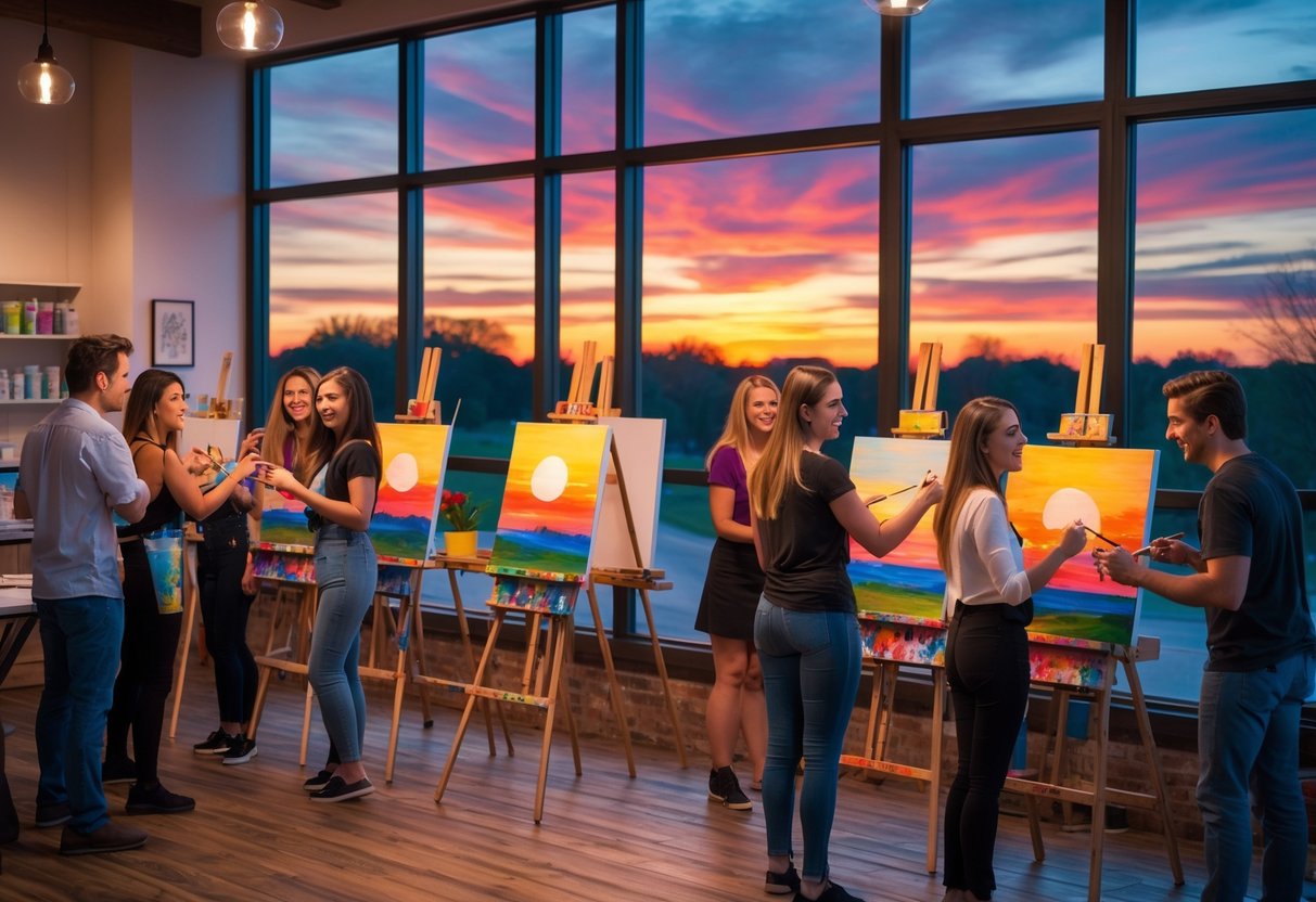People painting together in a bright studio with large windows showing a colorful sunset outside.