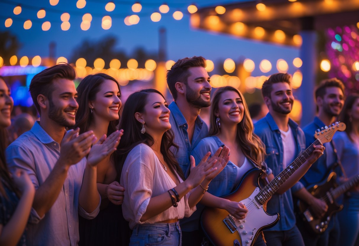Couples and friends enjoying live music outdoors at Cinergy Midland EPIC in Midland, Texas during an evening concert.