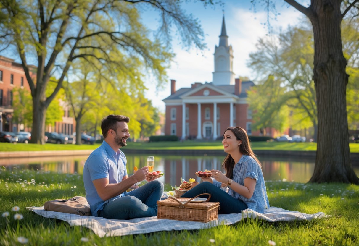 A young couple having a picnic in a green park with trees, flowers, a pond, and a historic brick building in the background.