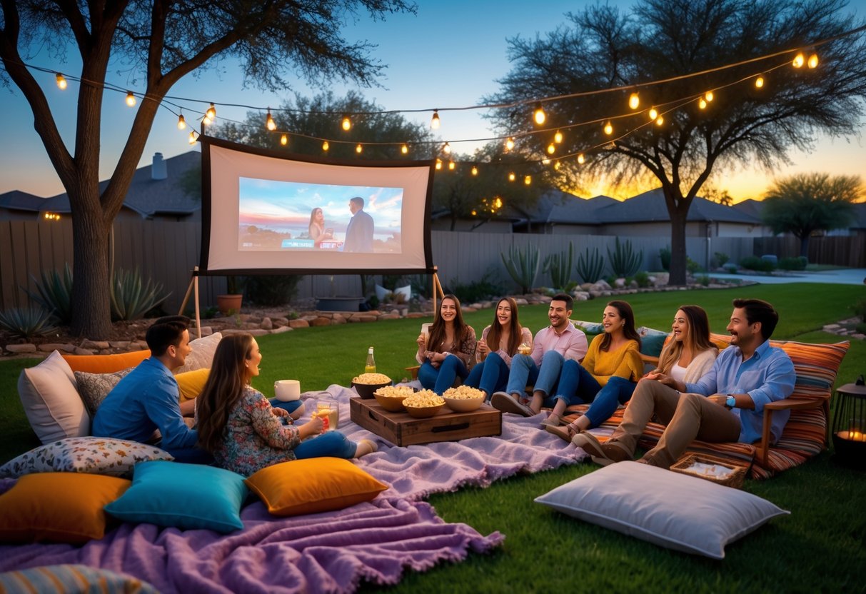 People enjoying an outdoor movie night with a projector screen, blankets, and string lights in a backyard setting.