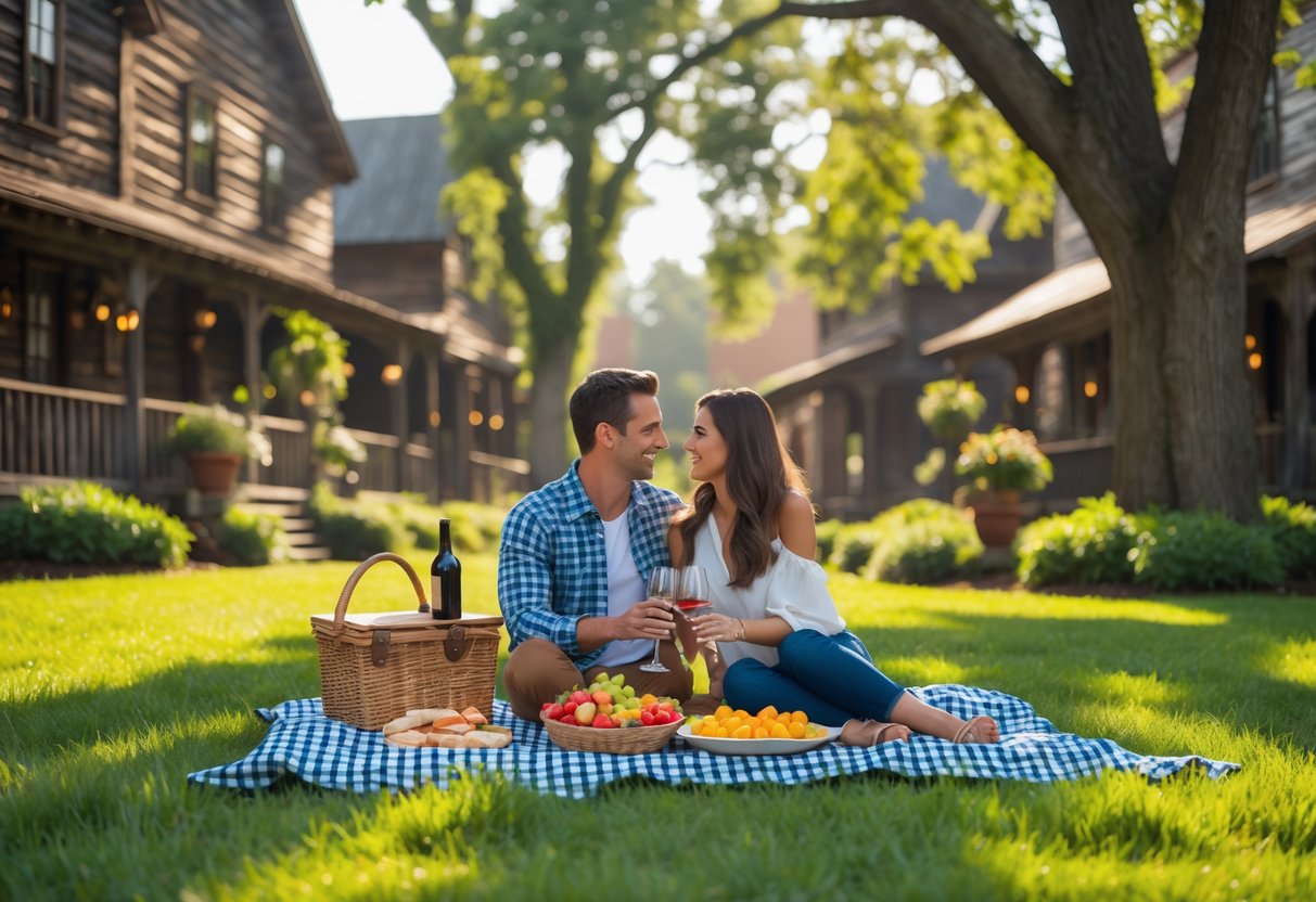 A young couple enjoying a picnic on a blanket in a grassy area surrounded by historic wooden buildings and trees.