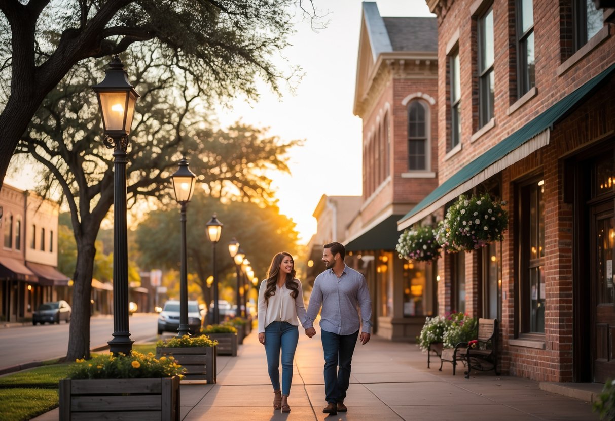 A couple walking hand-in-hand through a tree-lined street in Midland's historic downtown with vintage brick buildings and street lamps.