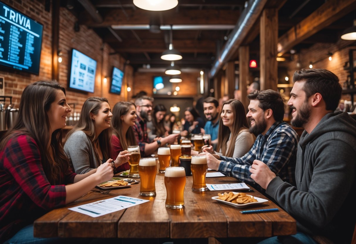 People enjoying trivia night at a local brewery, sitting at tables with drinks and snacks, talking and having fun.