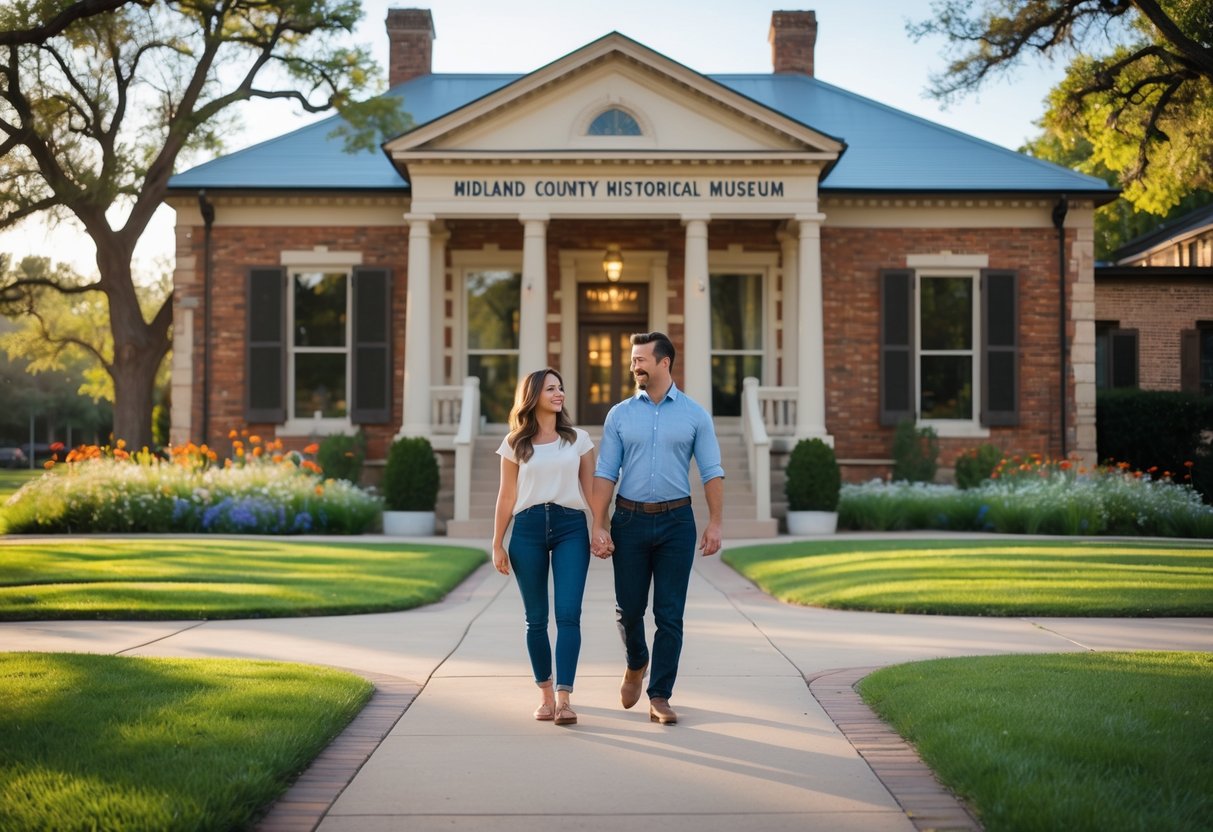 A couple walking hand-in-hand on a path leading to the Midland County Historical Museum surrounded by greenery and flowers on a sunny day.
