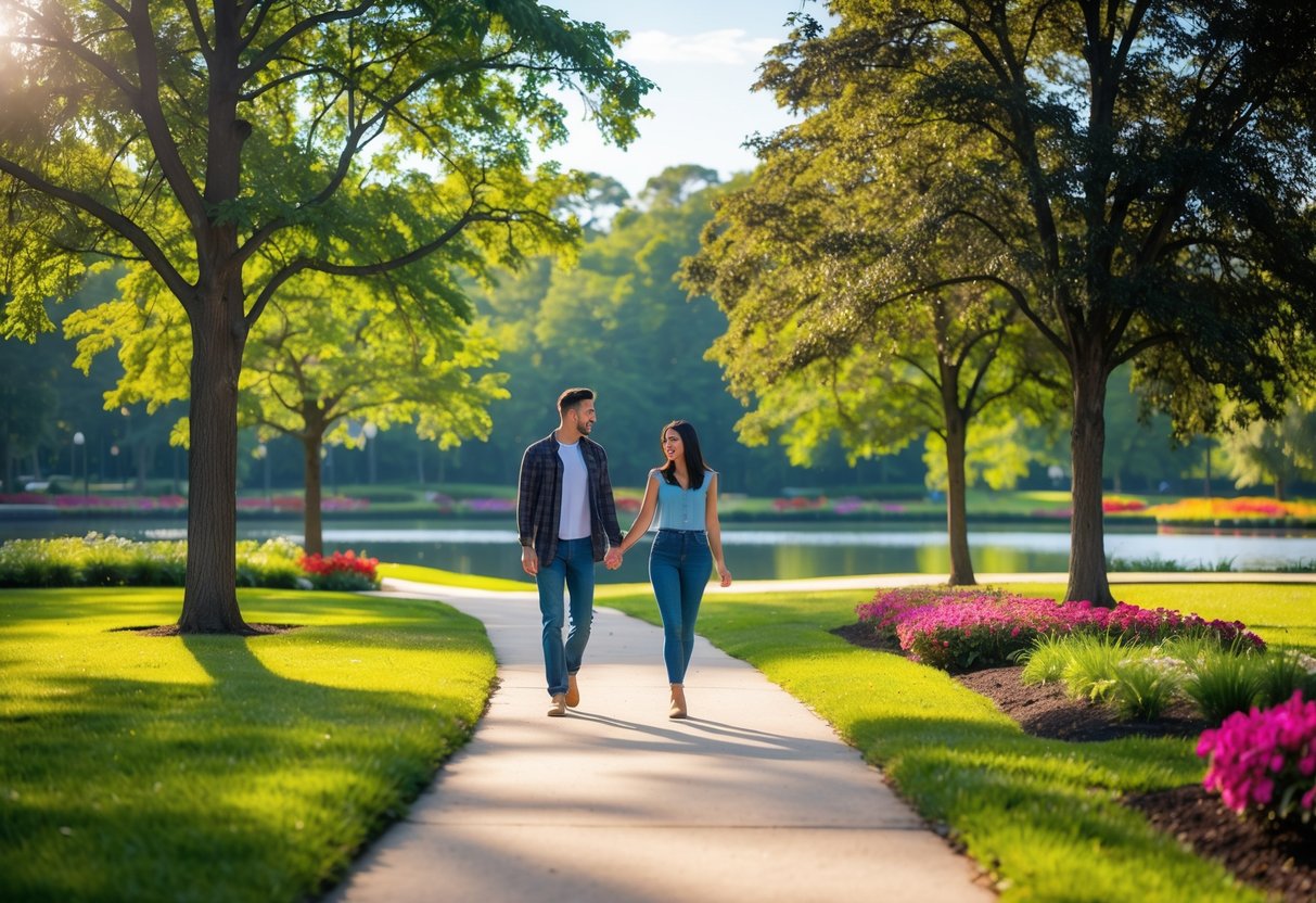 A young couple walking hand-in-hand on a path through a green park with trees, flowers, and a pond in the background.