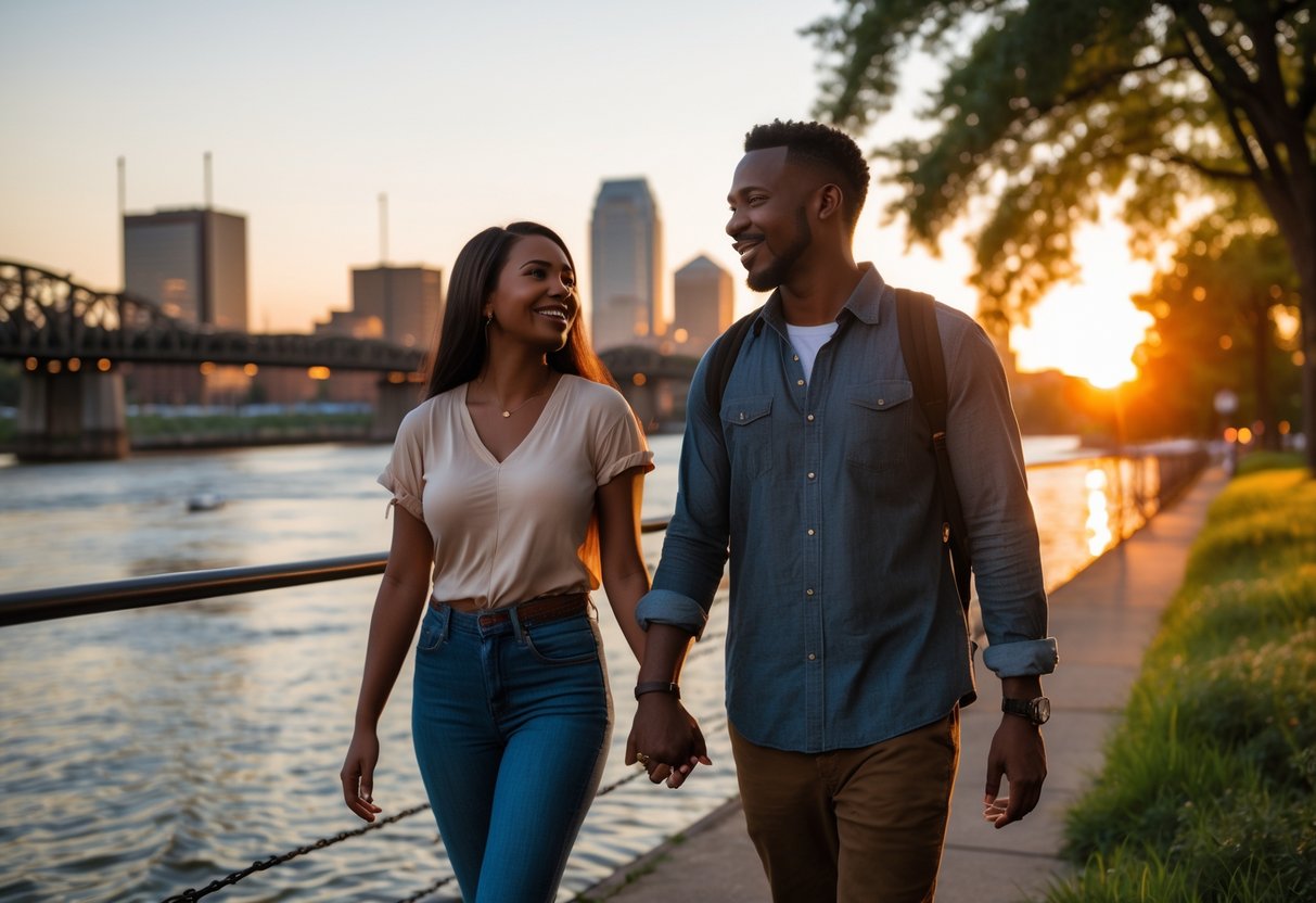 A young couple holding hands and walking along the Mississippi Riverfront in Memphis at sunset with the city skyline and bridge in the background.