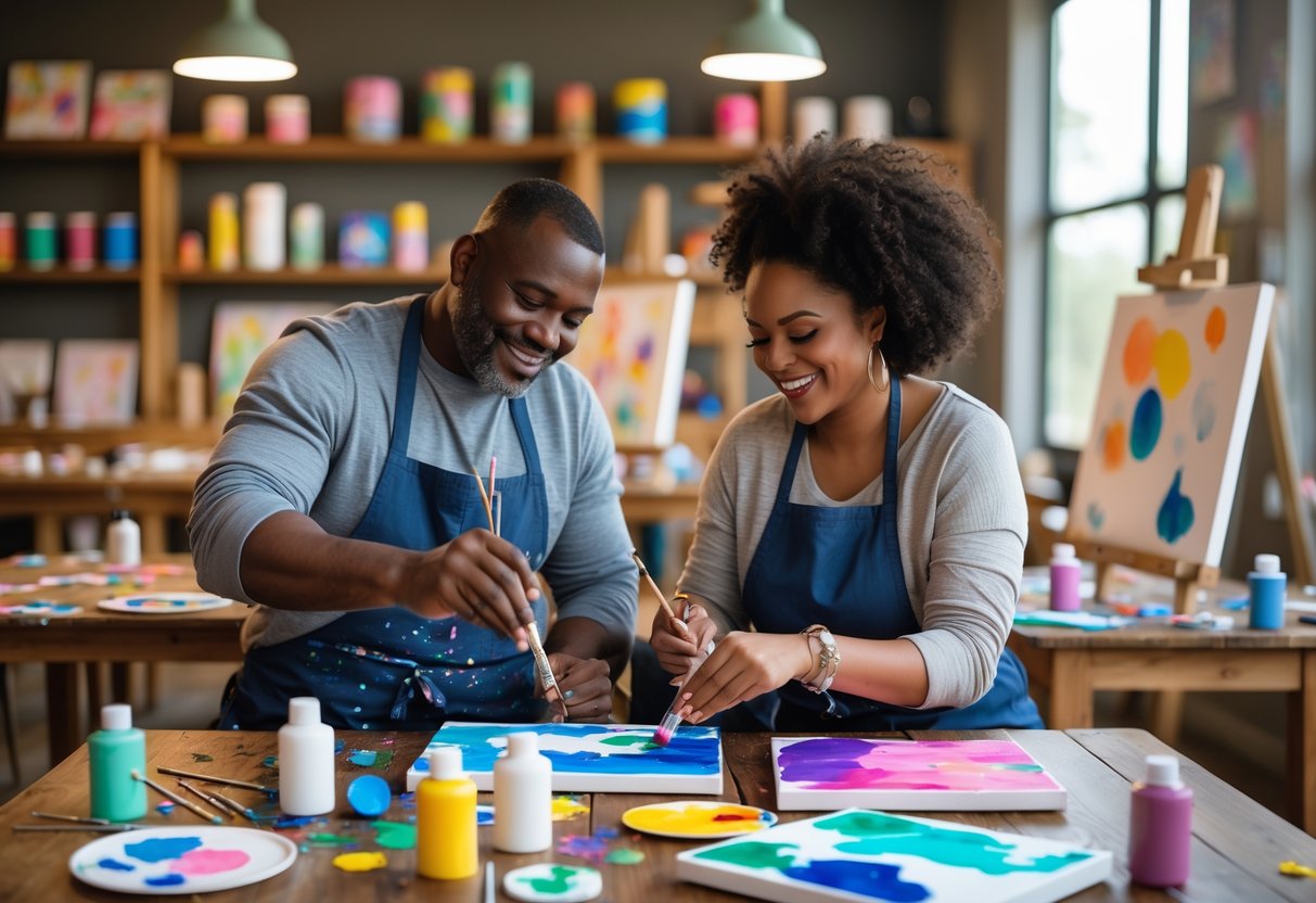 Two adults painting on canvases together at a craft studio table surrounded by art supplies.