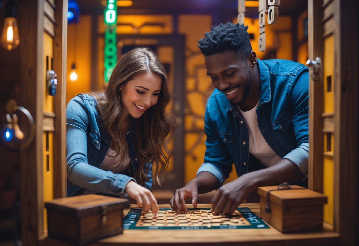 A young couple working together on a puzzle inside an escape room.