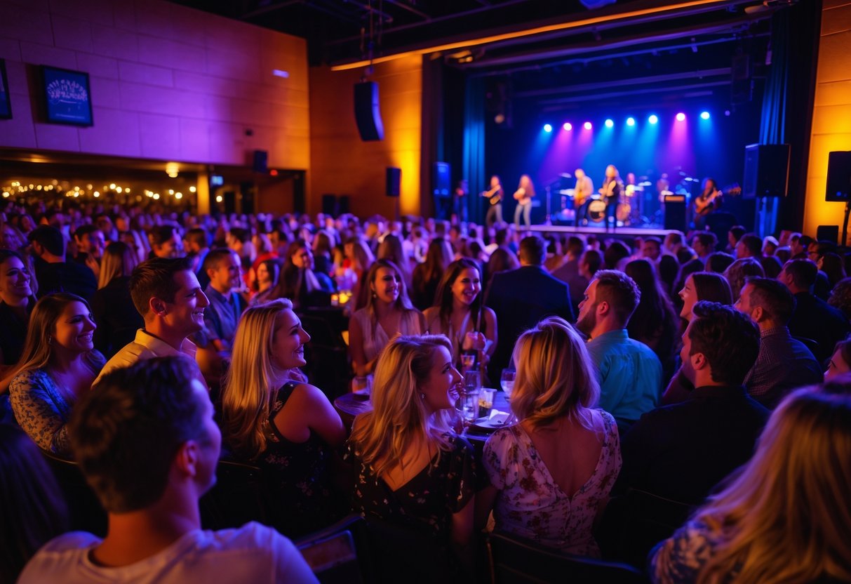 Couples and groups enjoying a live concert at an indoor venue with colorful stage lights and a band performing.