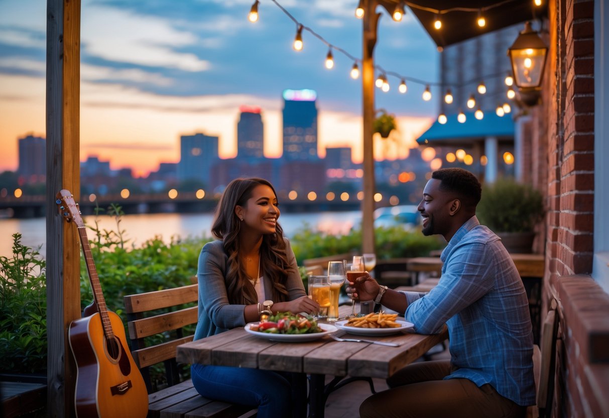 A couple sitting at an outdoor café table near the Memphis skyline, enjoying a date with food and a guitar nearby.
