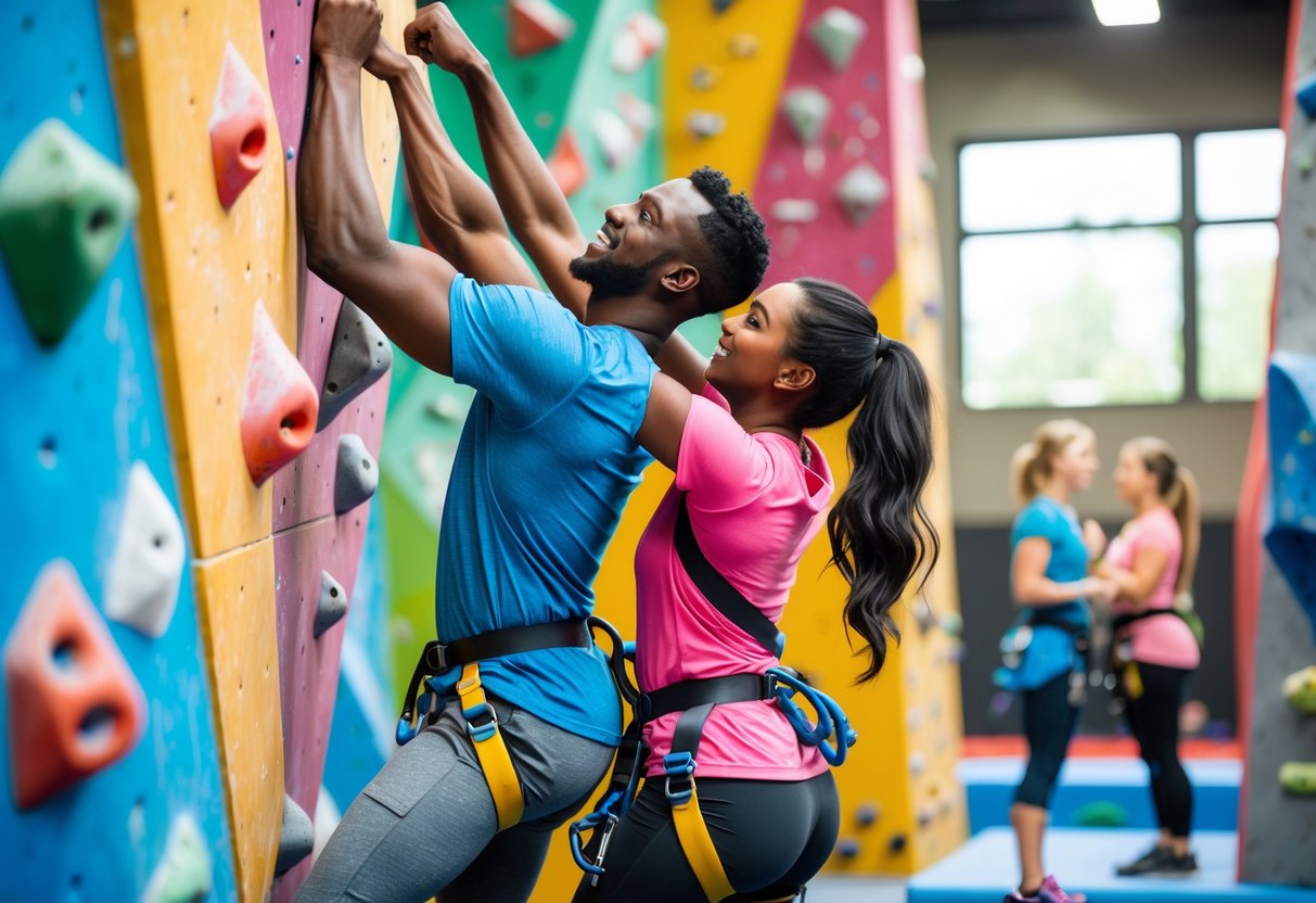 A couple climbing together on an indoor rock climbing wall, supporting each other and smiling.