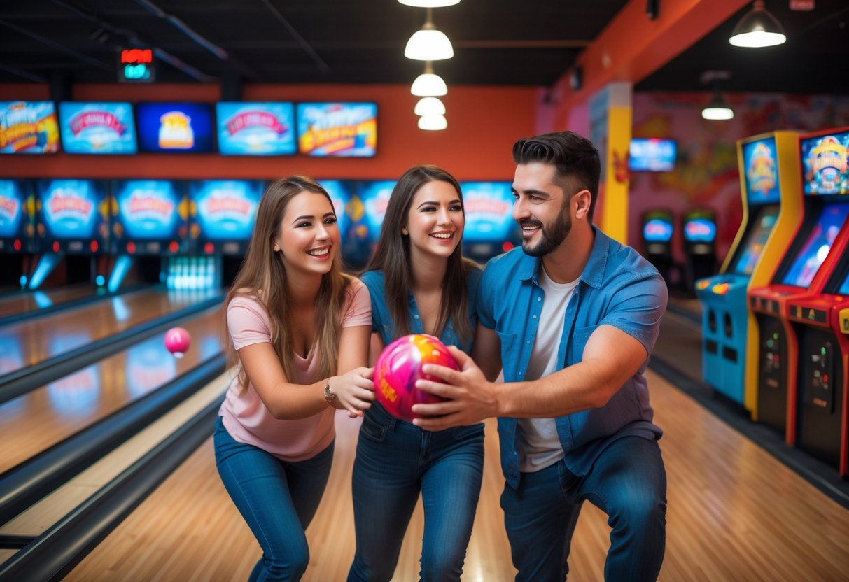 A young couple bowling and playing arcade games inside a lively entertainment center.