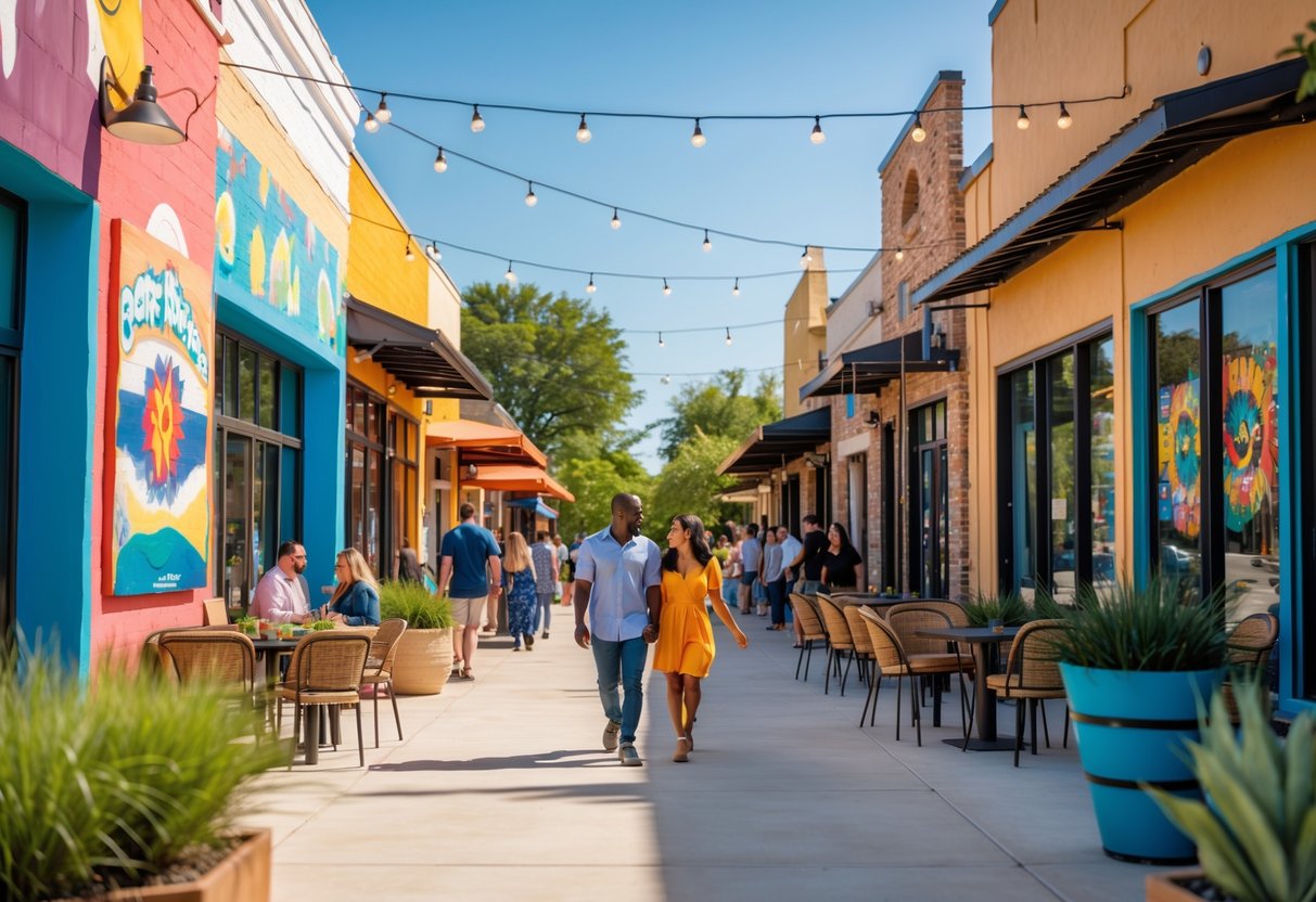 A couple walking together through a colorful arts district street with murals, shops, and people around on a sunny day.