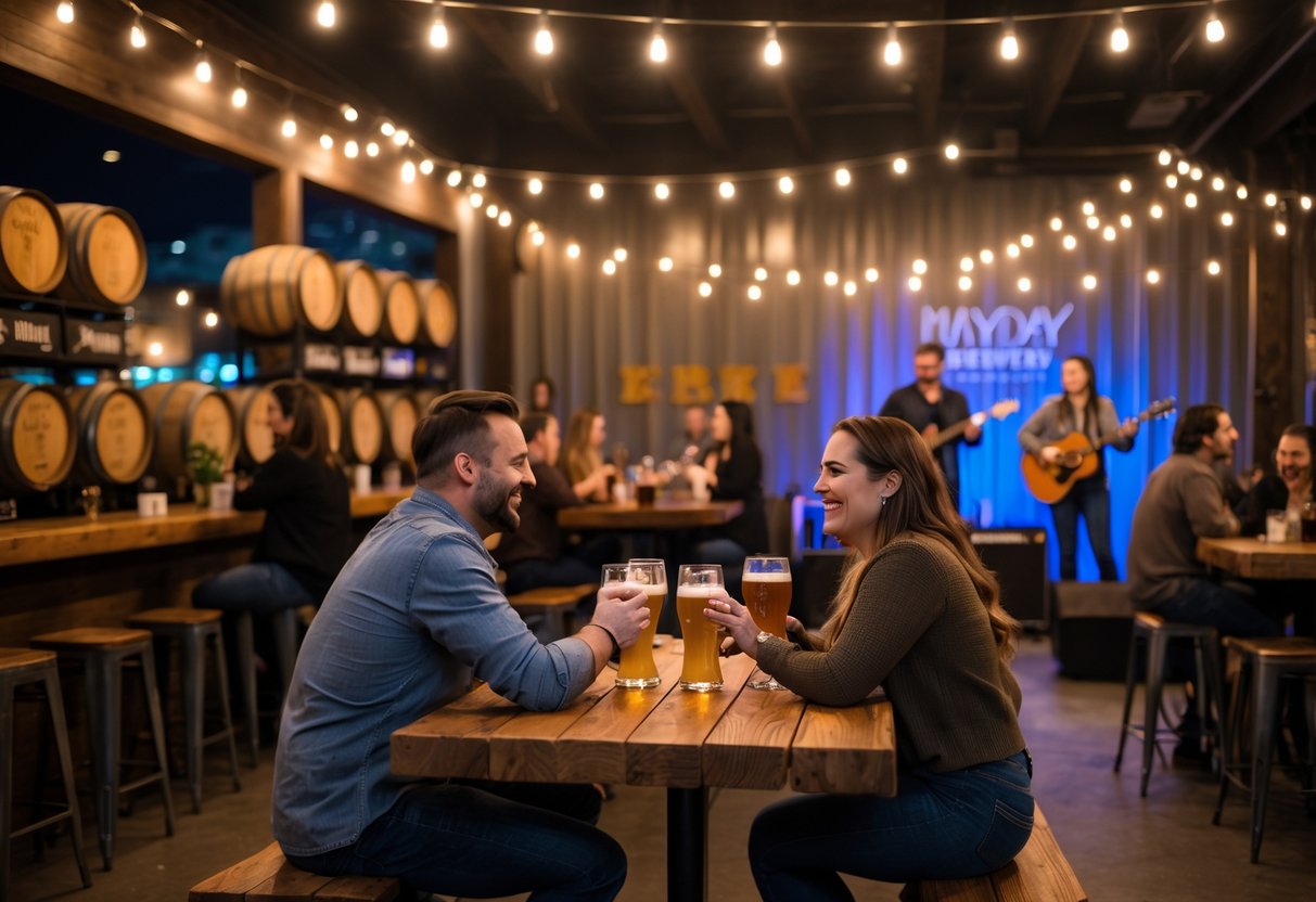 A couple enjoying dinner and live music at a warmly lit brewery with a band performing on stage and people socializing around wooden tables.