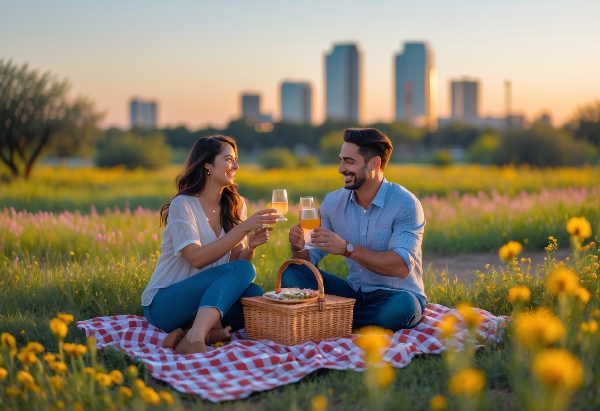 A couple enjoying a picnic together in a park with wildflowers and a city skyline in the background during sunset.