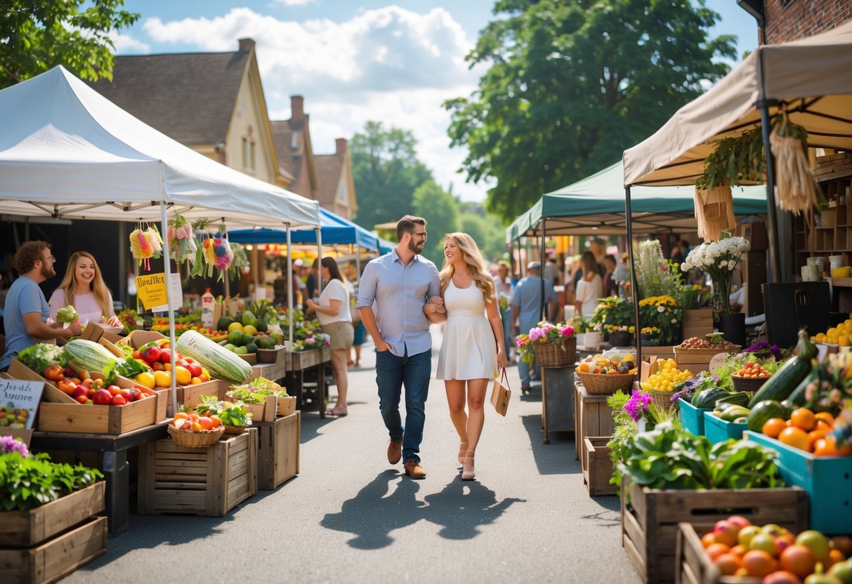 Couples walking through a farmers market with colorful stalls of fresh produce and flowers on a sunny day.
