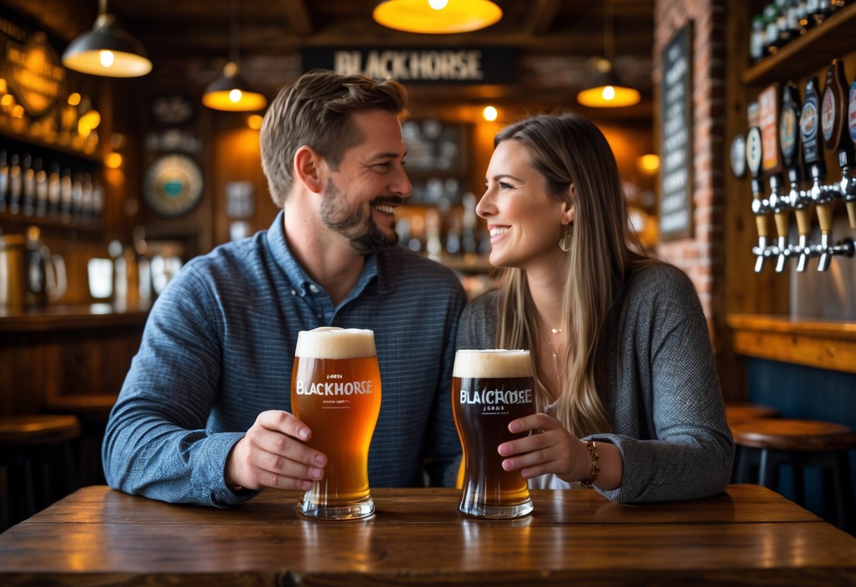 A couple sitting at a wooden table in a cozy pub, enjoying craft beers together.