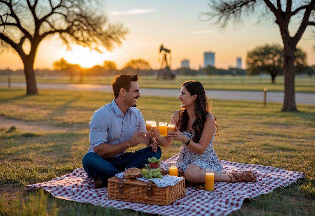 A couple enjoying a picnic together outdoors at sunset in a park with Texas landscape in the background.