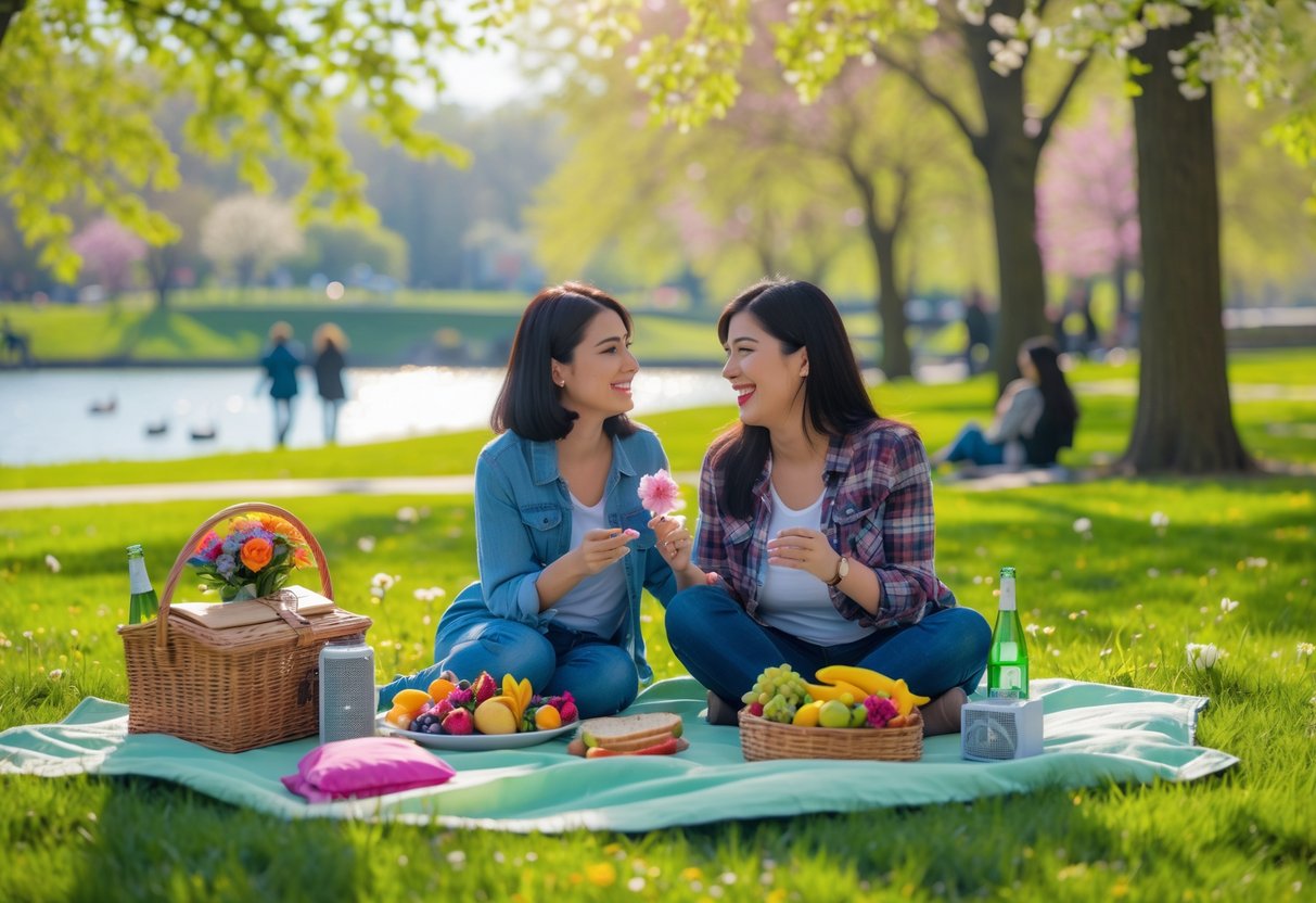 A mother and adult child enjoying a sunny picnic together in a park surrounded by flowers and trees.