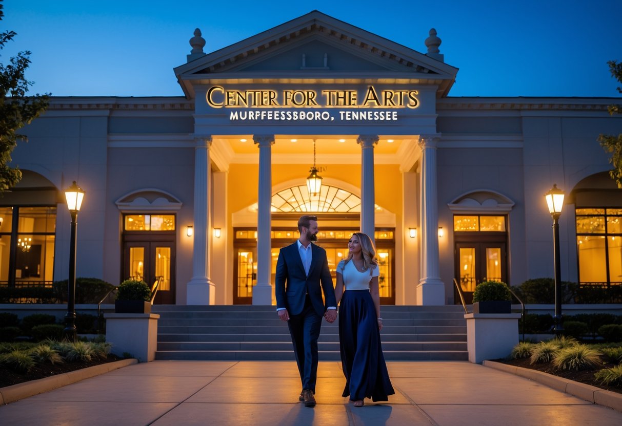 A couple standing outside a beautifully lit theater at night, holding hands and smiling.