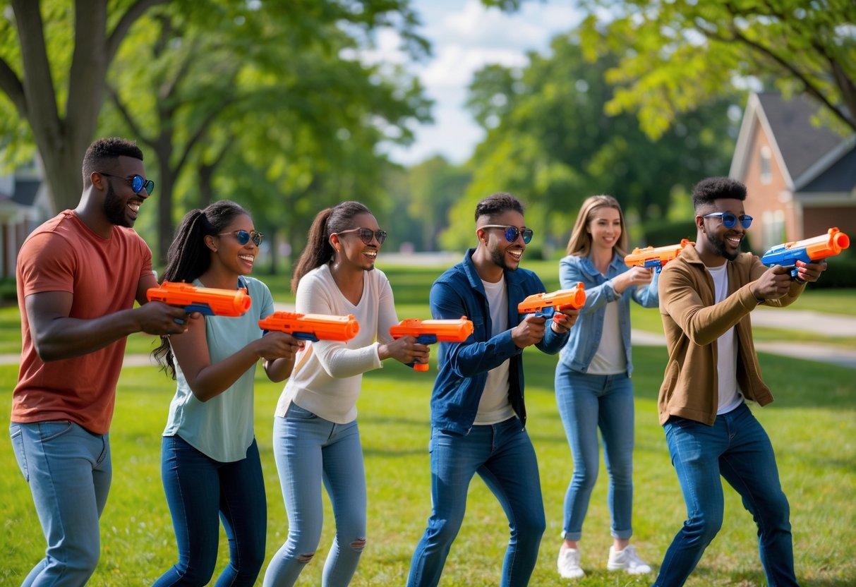 A group of young adults playing Nerf war games outdoors in a sunny park with trees and grass.