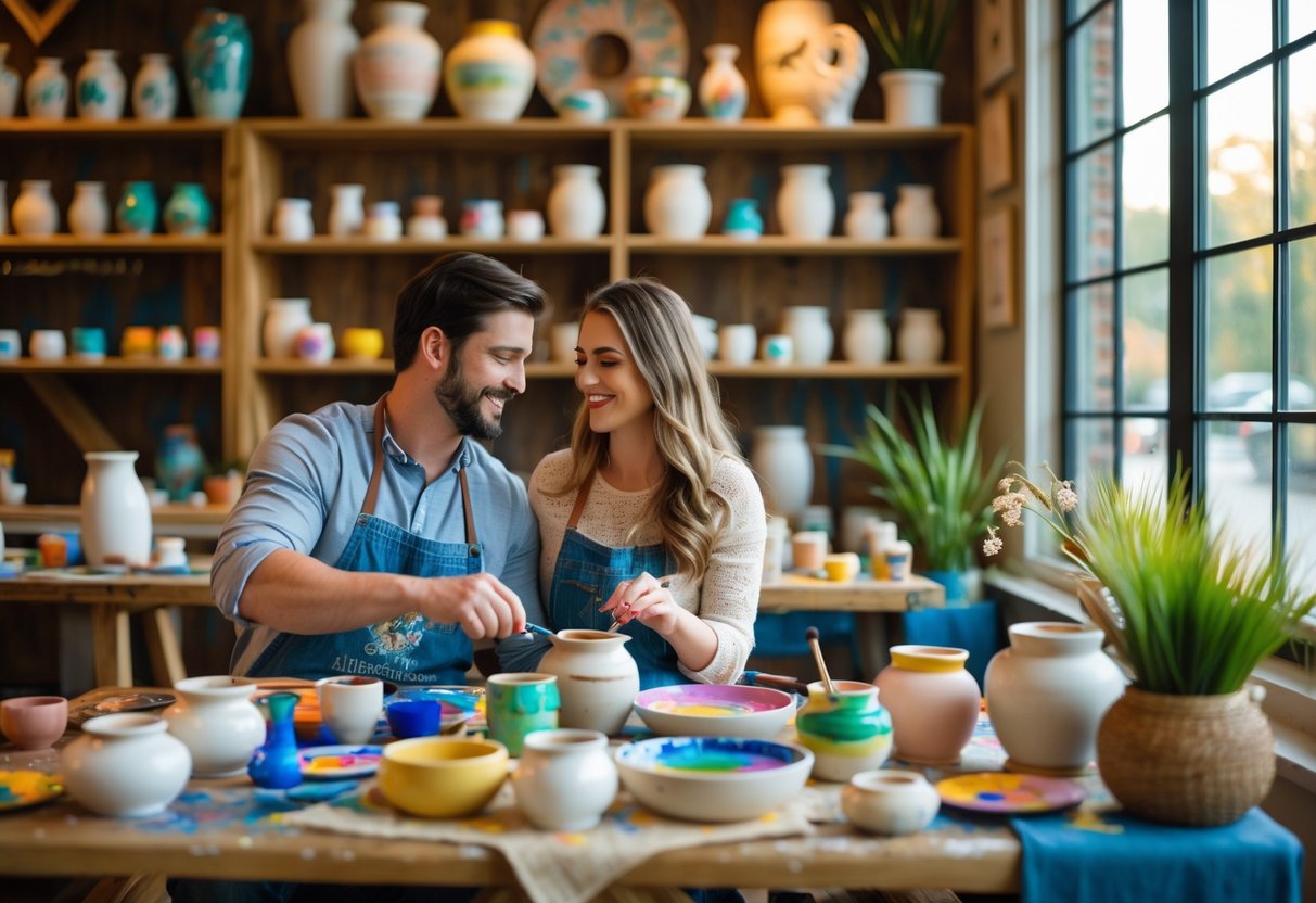 A couple painting pottery together at a wooden table inside an art studio with shelves of ceramics and art supplies around them.