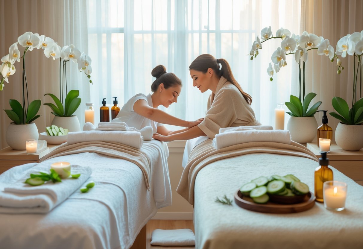 A mother and daughter enjoying massages and facial treatments together in a peaceful spa room with plants and soft lighting.