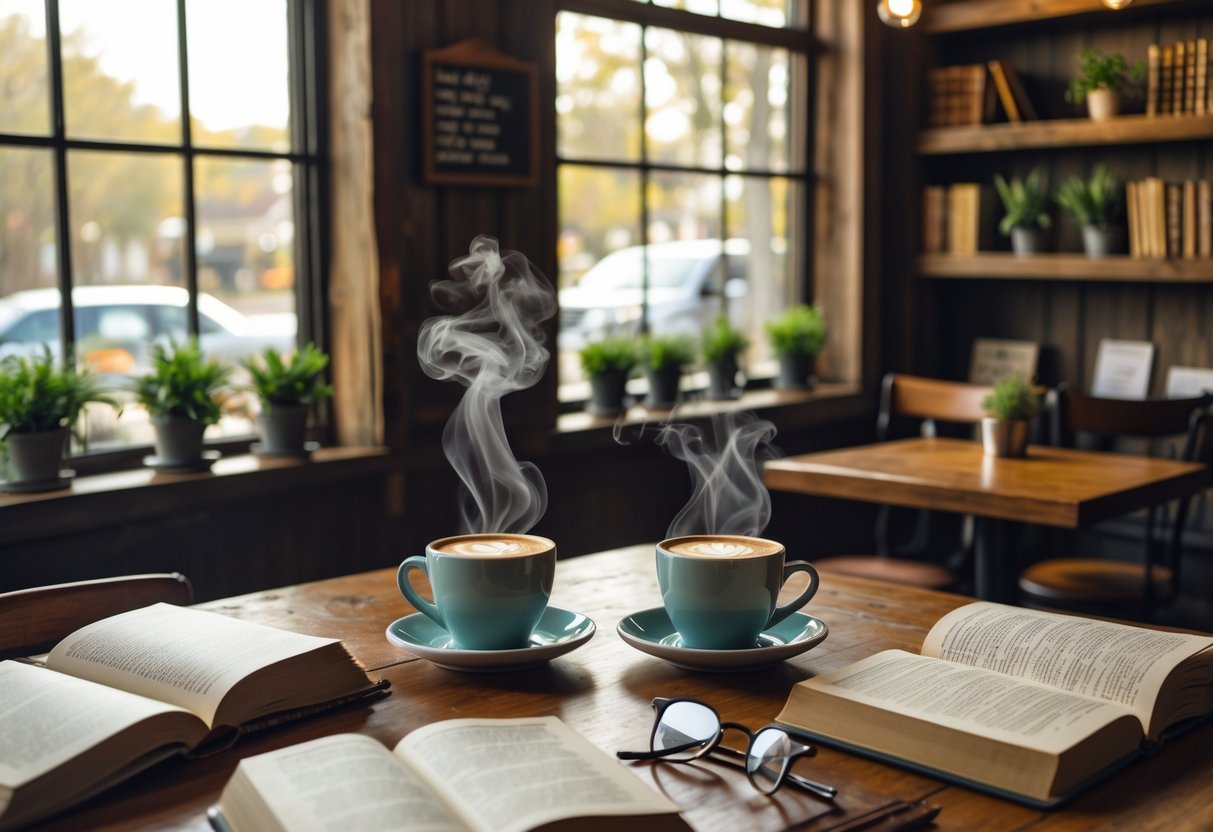 A wooden table with two cups of coffee, open books, and reading glasses in a cozy coffee shop with shelves of books and plants.