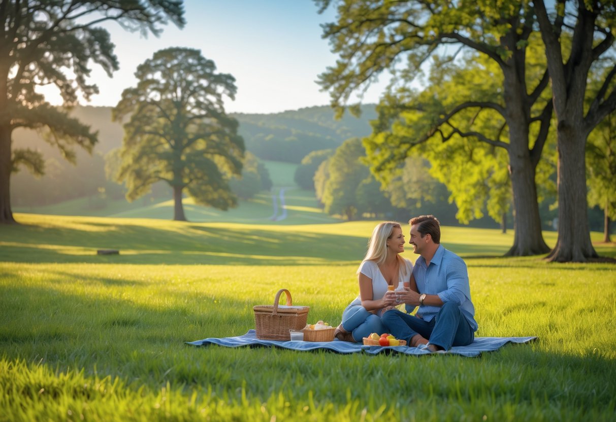 A couple enjoying a picnic on a grassy area surrounded by trees and open fields at a historic battlefield park.