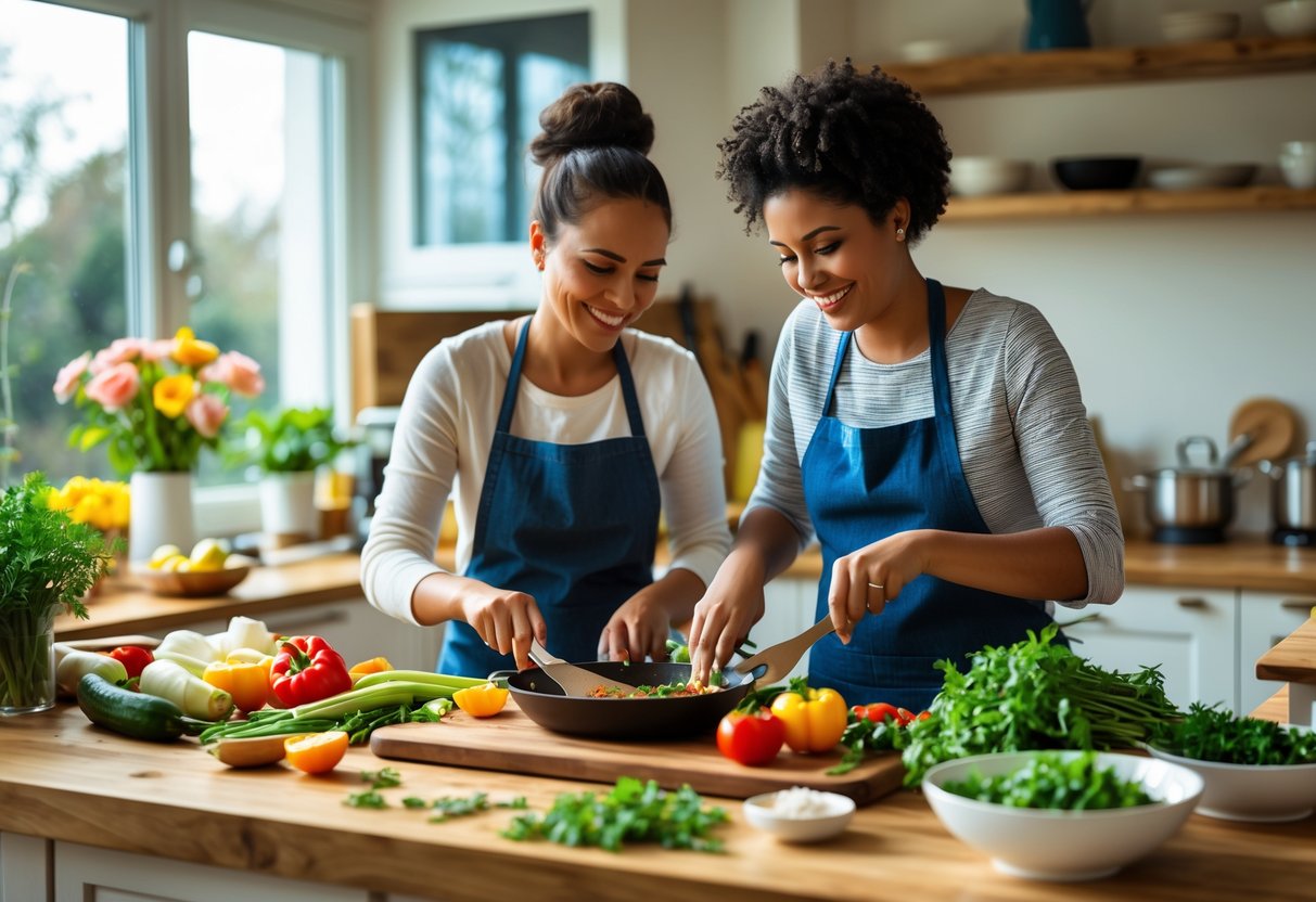 A mother and adult child cooking together in a bright kitchen, preparing fresh ingredients on a wooden countertop.