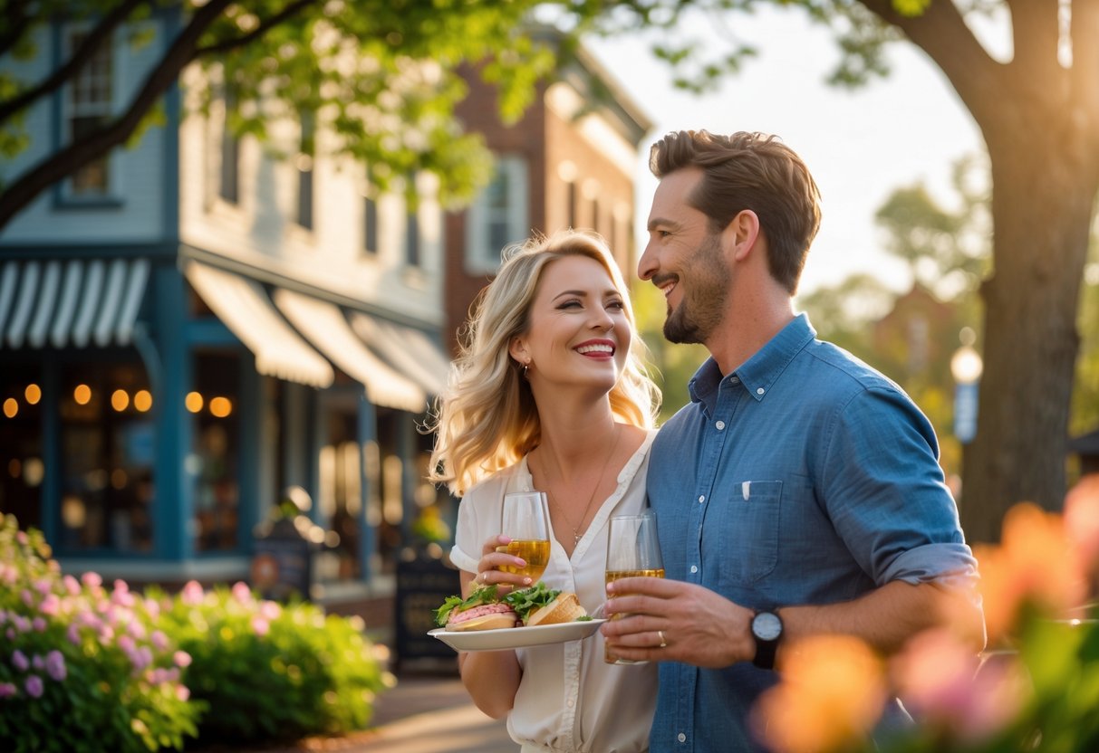 A couple enjoying a romantic outdoor date in a park with trees and historic buildings in the background.