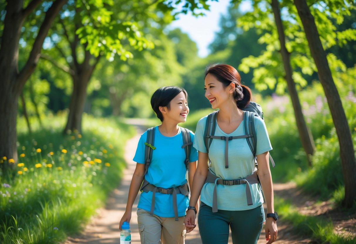 A mother and adult child walking together on a forest trail surrounded by green trees and sunlight.