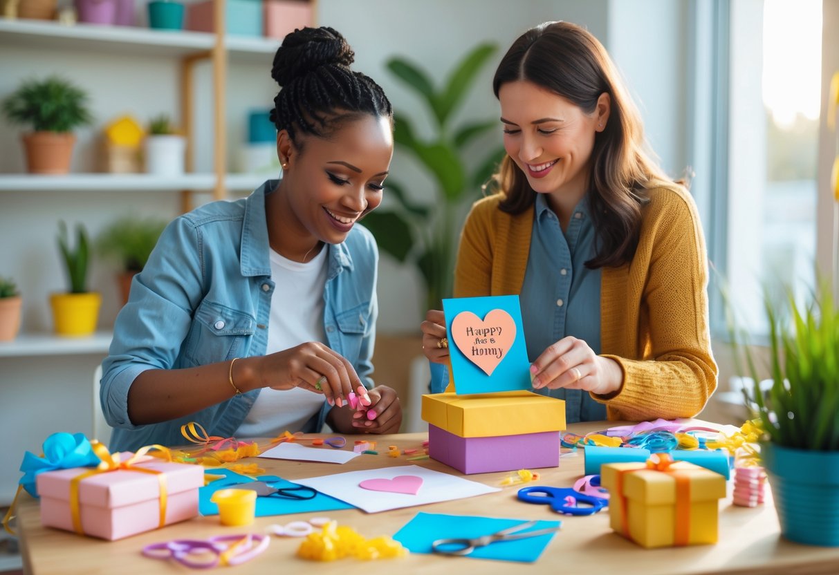 A mother and adult child making personalized gifts together at a table filled with craft supplies.